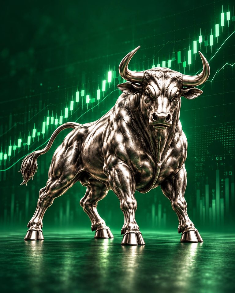Metallic SARKSH GROW bull with upward stock-market chart background